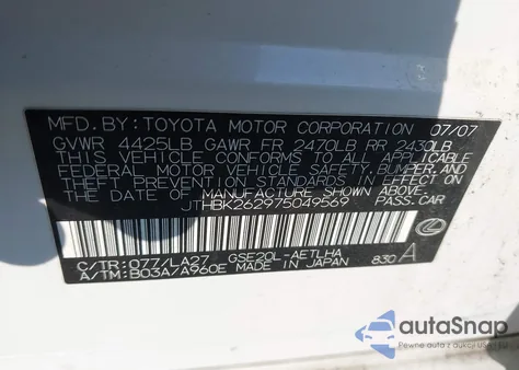 2007 Lexus Is 250 z USA, uszkodzony, nr VIN JTHBK262975049569